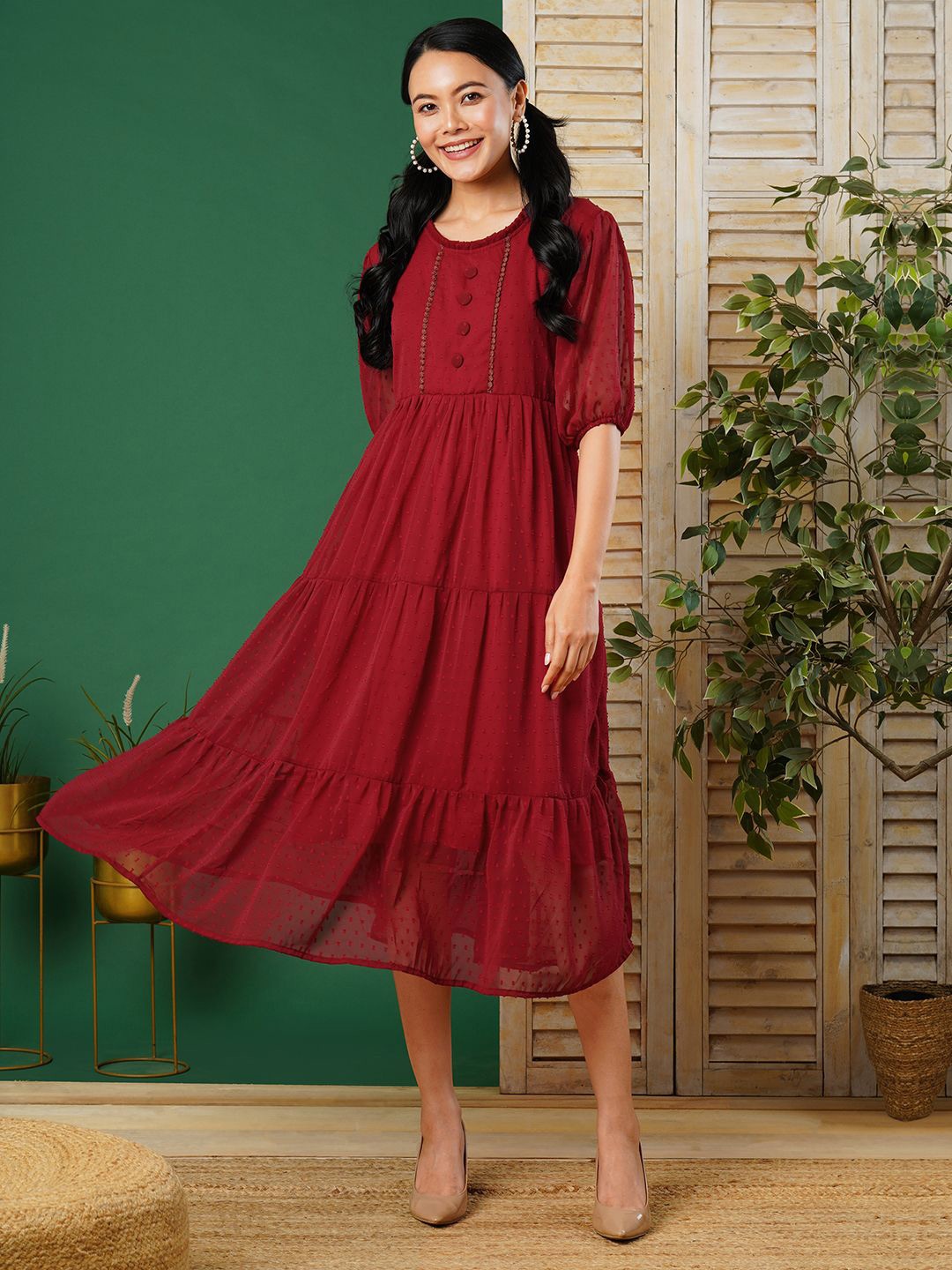 

CARTYSHOP Striped Puff Sleeve Georgette Fit & Flare Midi Dress, Maroon