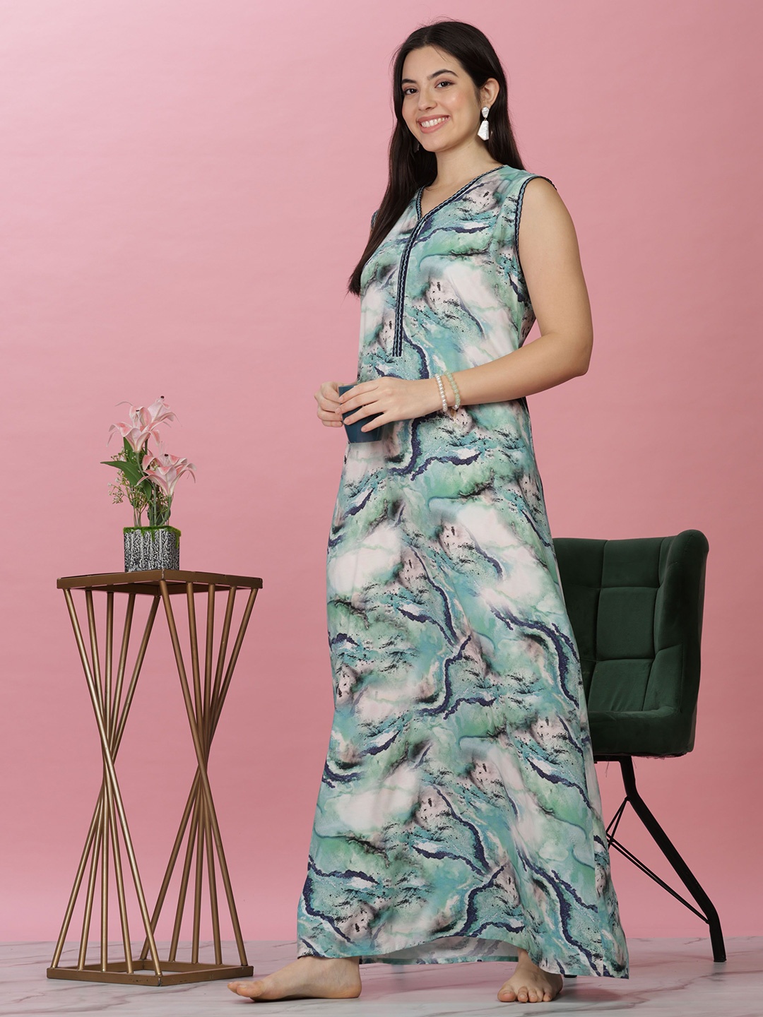 

9shines Label Women Abstract Printed V-neck Sleeveless Maxi Nightdress, Sea green