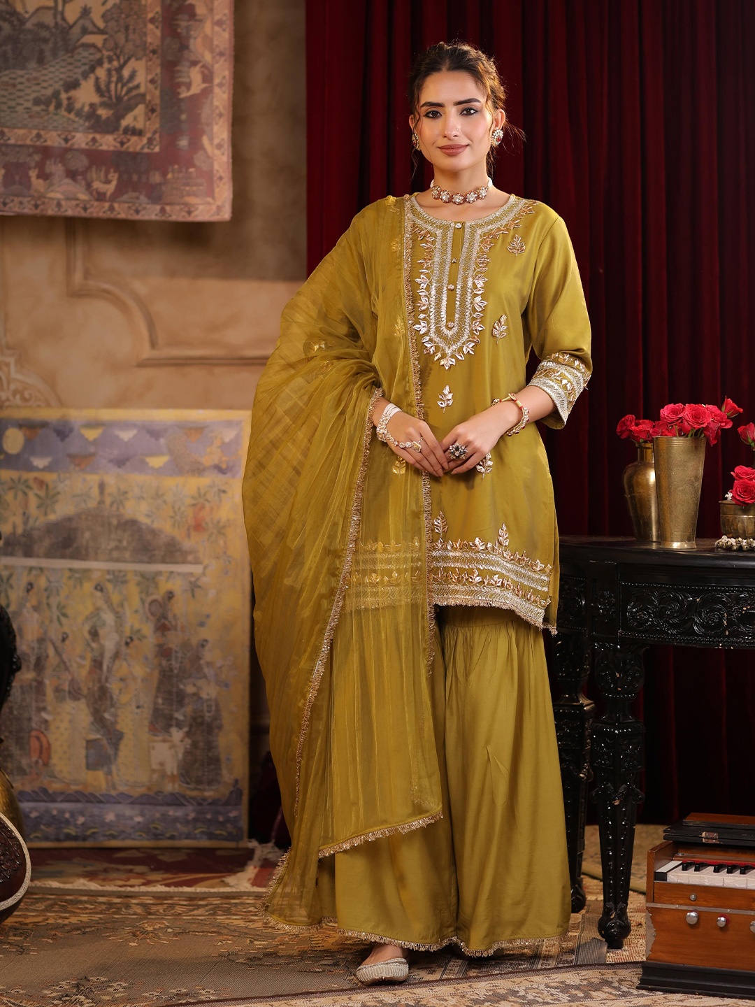 

SCAKHI Ethnic Motifs Embroidered Gotta Patti Chanderi Silk Kurti With Sharara & Dupatta, Olive