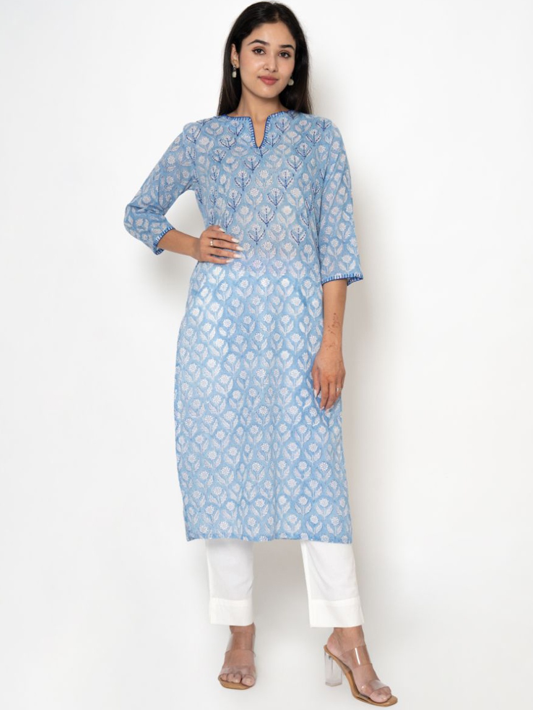 

Kameez by Pooja Kejriwal Floral Printed Thread Work Pure Cotton Kurta With Trouser, Blue