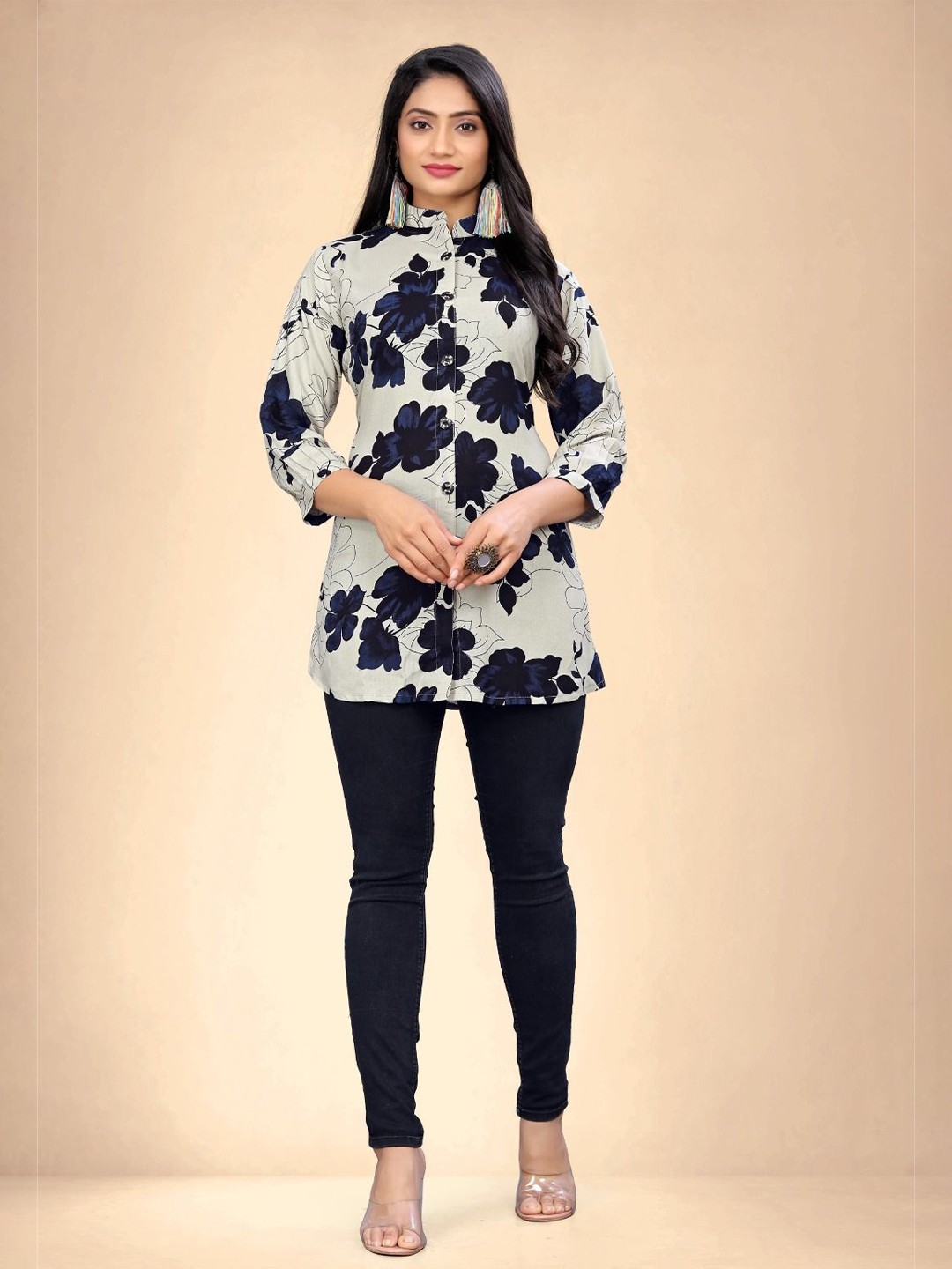 

Abhilasha Mandarin Collar Printed Tunic, Cream