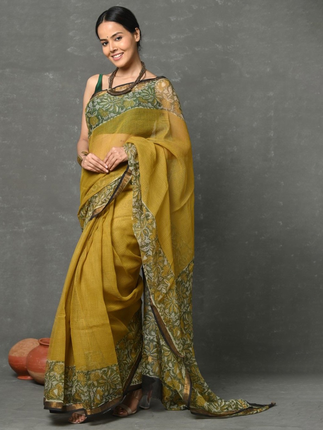 

Very Much Indian Floral Printed Kota Saree, Olive