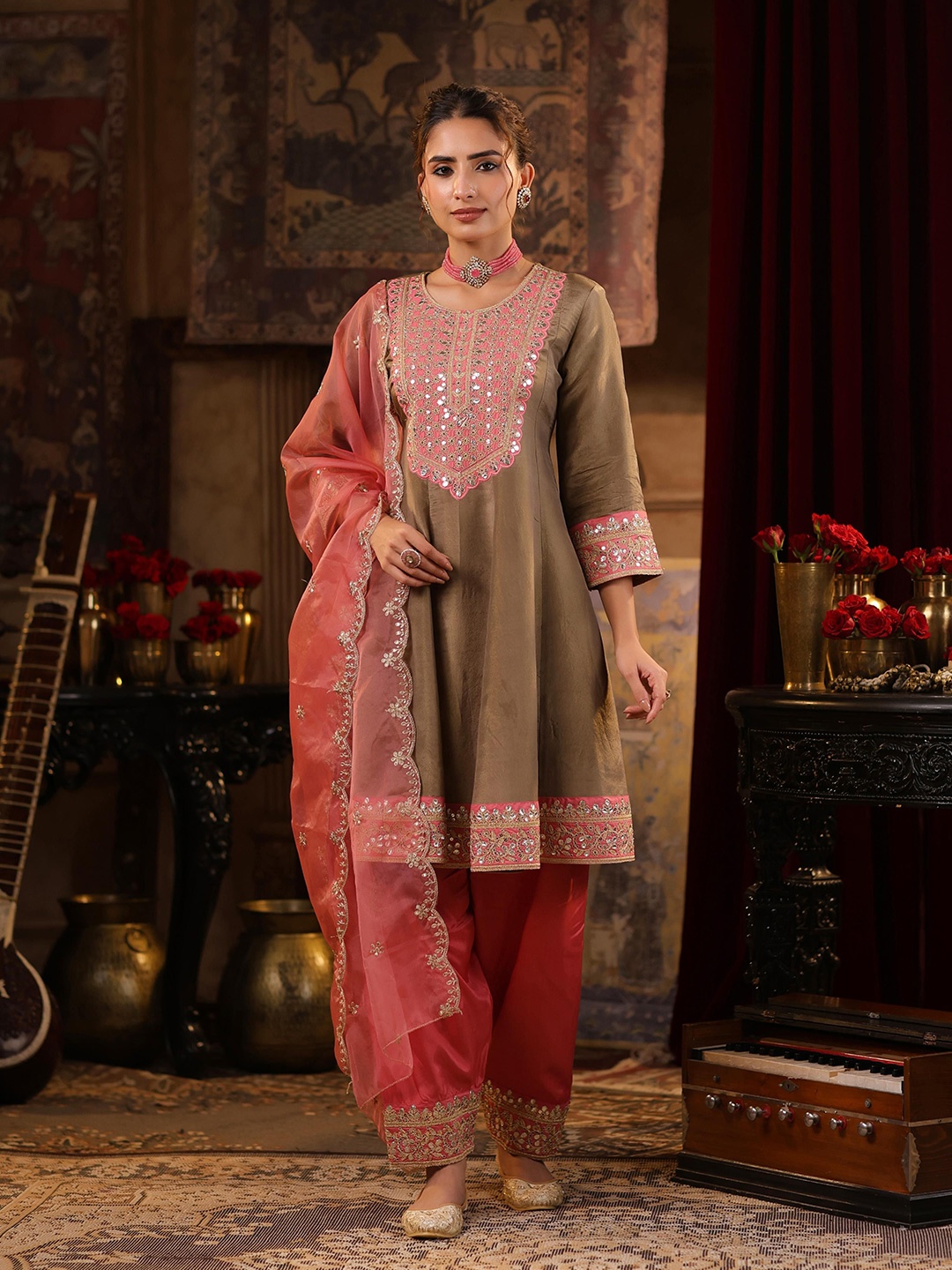 

SCAKHI Floral Embroidered Sequinned Anarkali Kurta with Salwar & Dupatta, Taupe