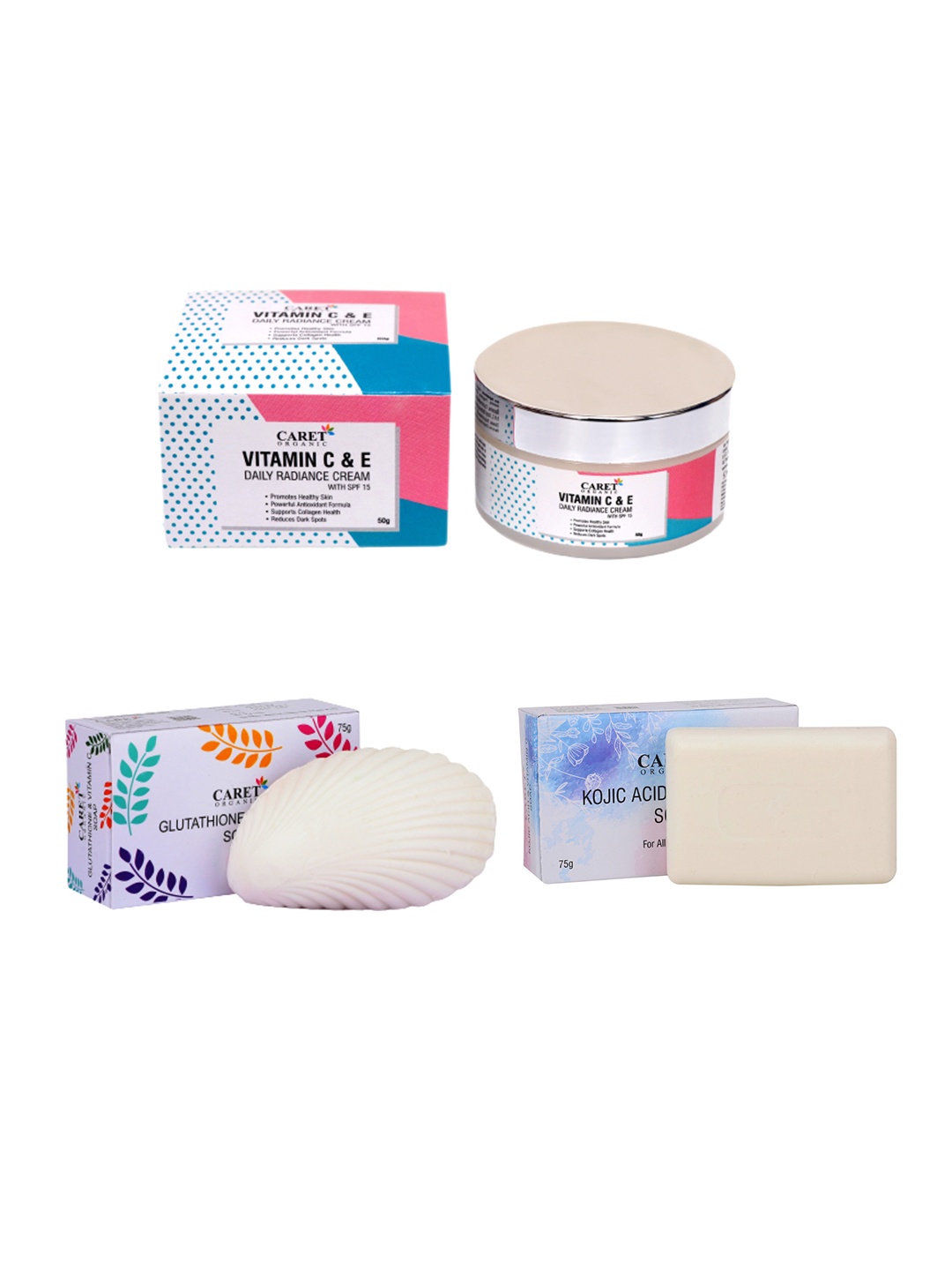 

CARET ORGANIC Set Of 3 Daily Radiance Cream- 50g & 2 Vitamin C Soap- 75g Each, White