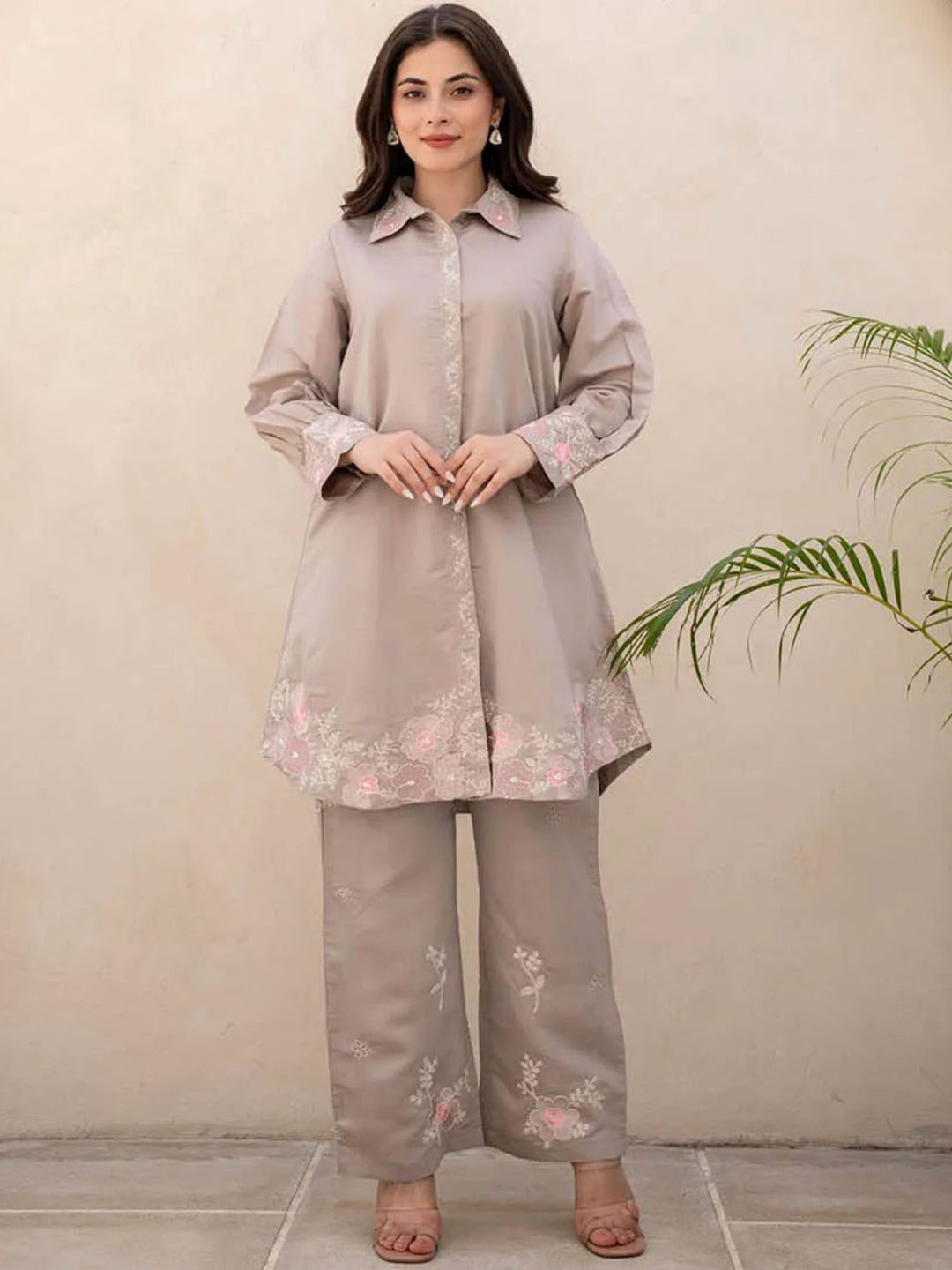 

FASHION DWAR Embroidered Shirt & Trouser, Beige
