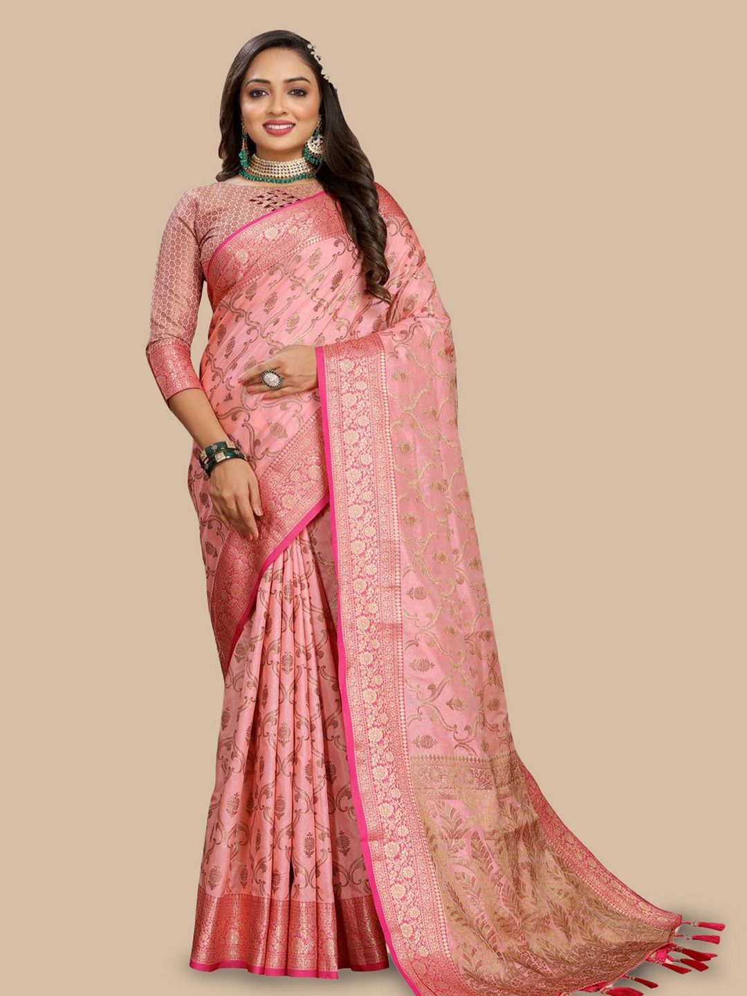 

MOKSHA DESIGNS Ethnic Motifs Zari Pure Silk Paithani Saree, Pink