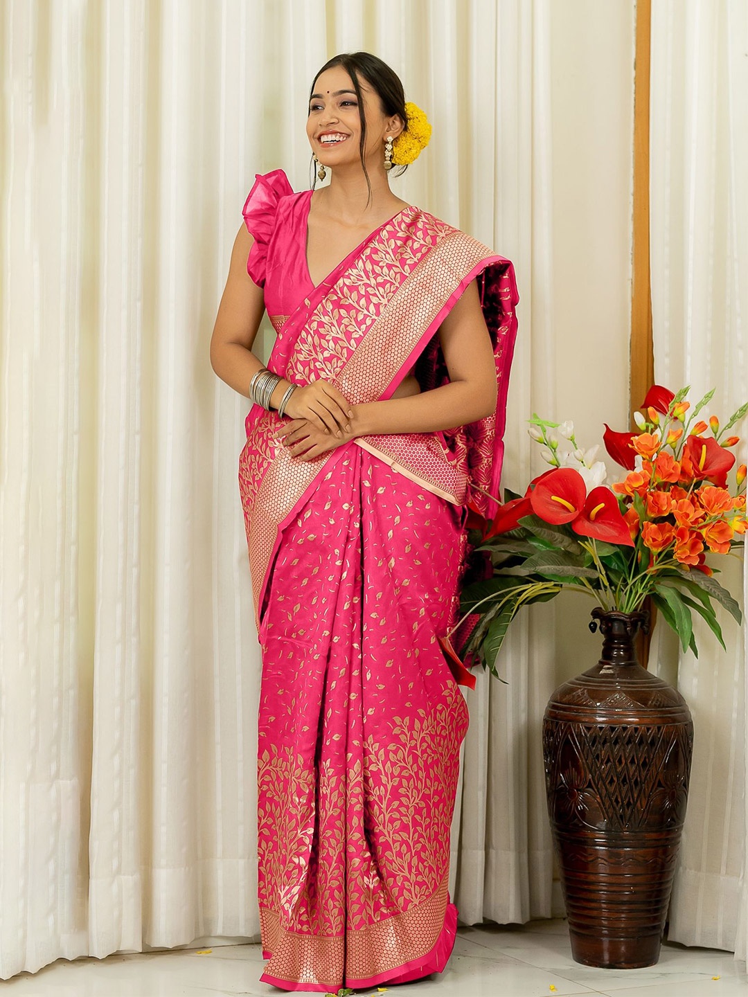 

Subham Woven Design Zari Silk Blend Banarasi Saree, Coral