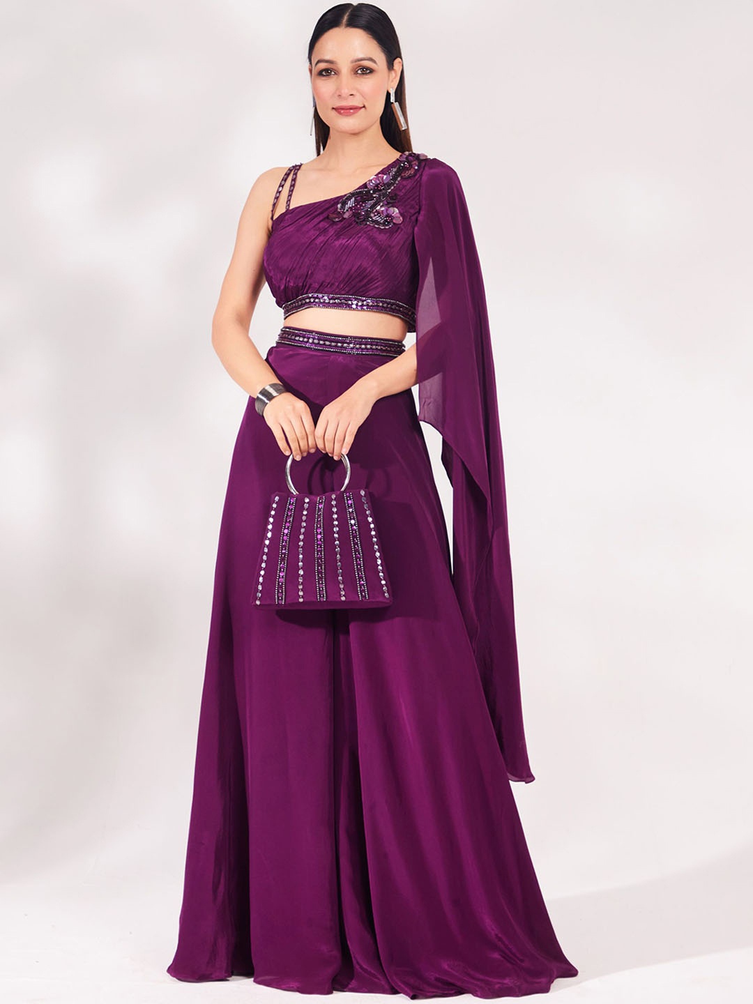 

Chaashni by Maansi & Ketan Beads & Stones Embellished One Shoulder Top & Palazzo, Purple