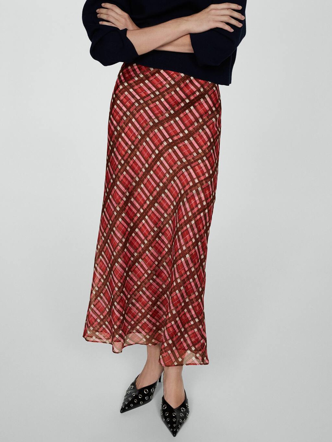

MANGO Checked Midi Skirt, Maroon