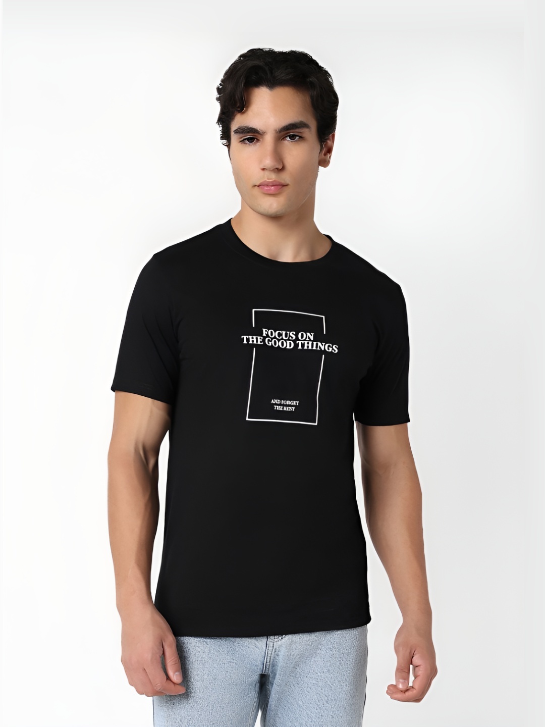 

R&B Men Graphic Printed Round Neck Cotton T-shirt, Black