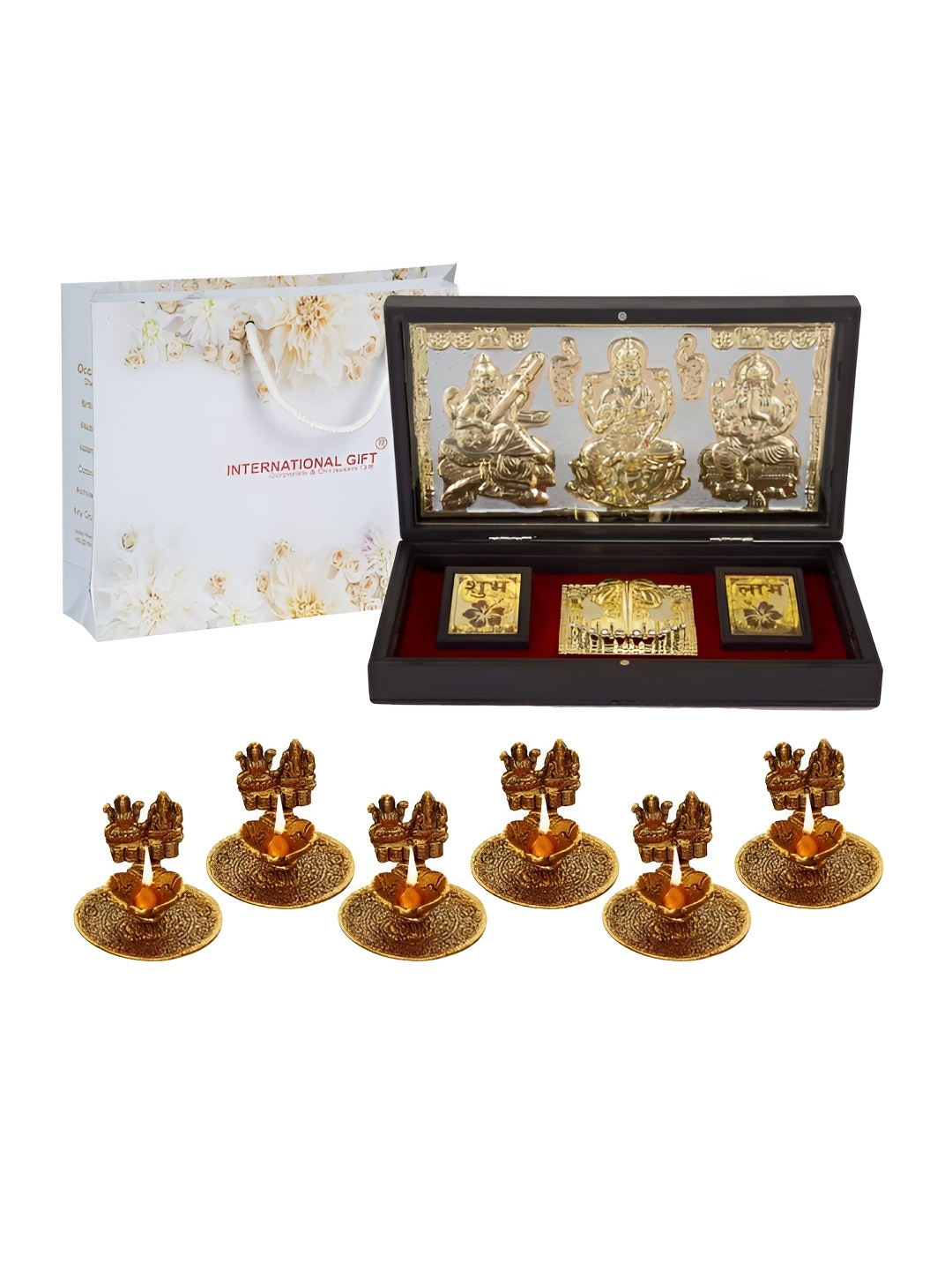 

INTERNATIONAL GIFT Golden Finish Lakshmi Ganesh Saraswati Frame with Charan Paduka & Diya, Gold