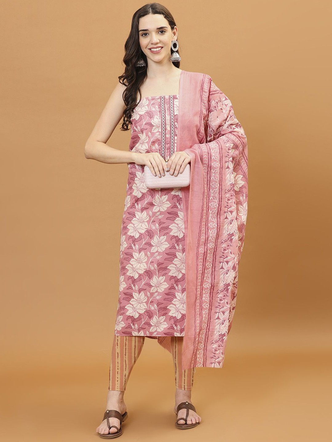 

Meena Bazaar Floral Printed Unstitched Dress Material, Pink