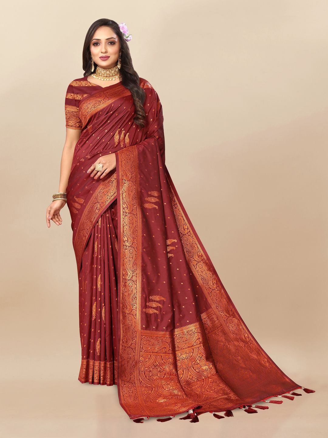

MOKSHA DESIGNS Ethnic Motifs Woven Design Zari Pure Silk Banarasi Saree, Maroon