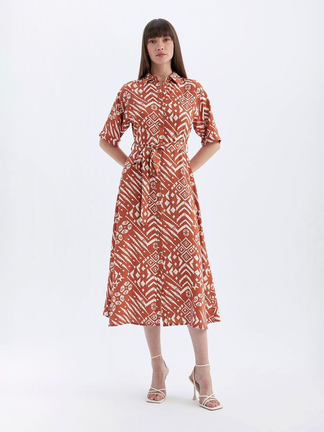

DeFacto Print Shirt Midi Dress, Na