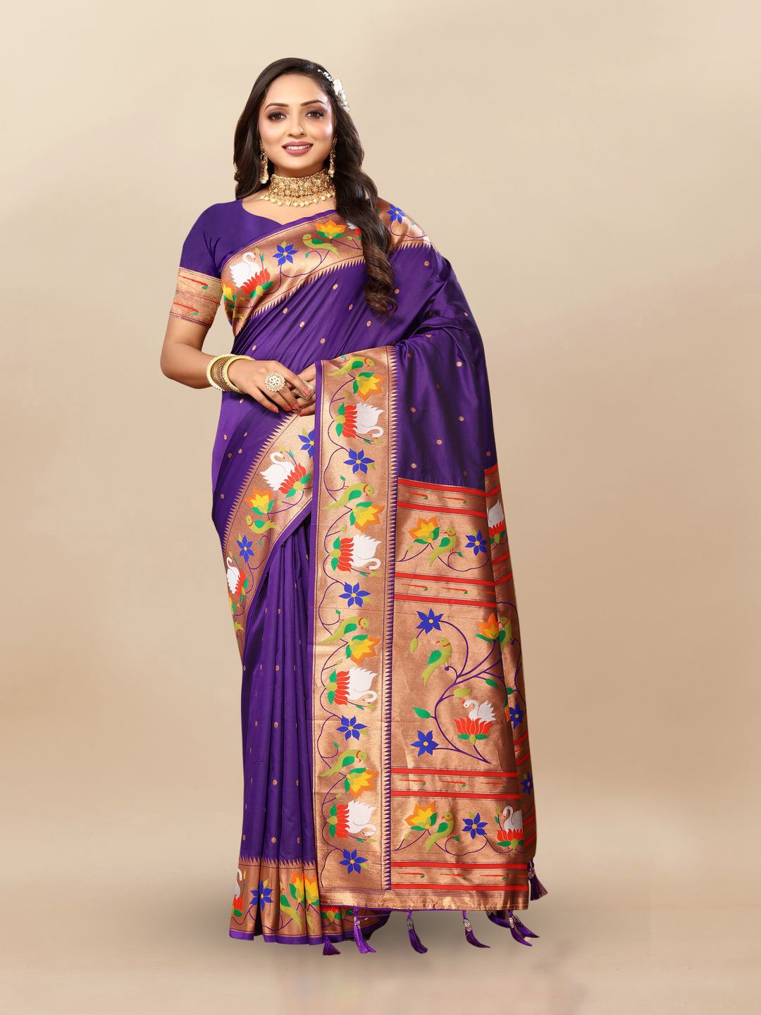 

MOKSHA DESIGNS Ethnic Motifs Zari Pure Silk Paithani Saree, Purple