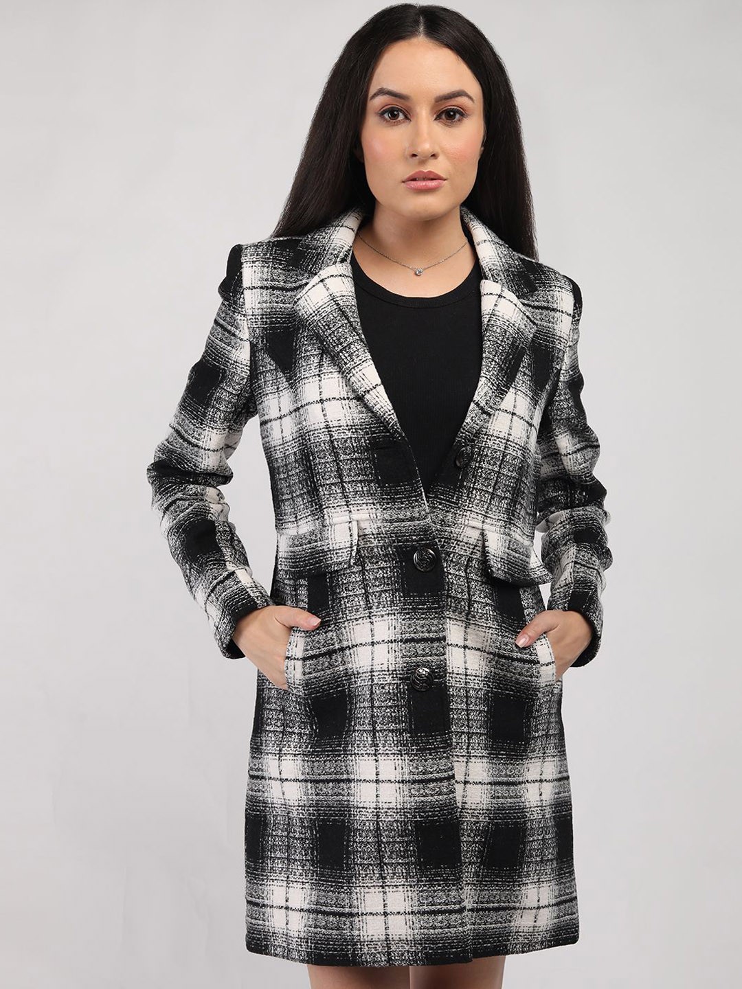 

HONNETE Women Checked Single Breasted Notched Lapel Winter Coat, Black
