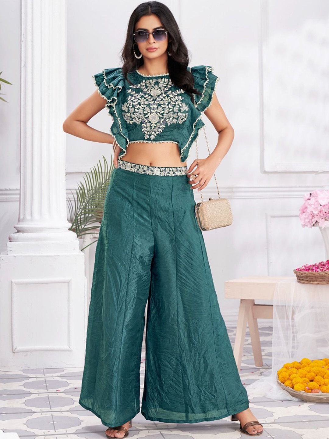 

JIVORA Embellished Crop Top With Palazzo Co-Ords, Blue