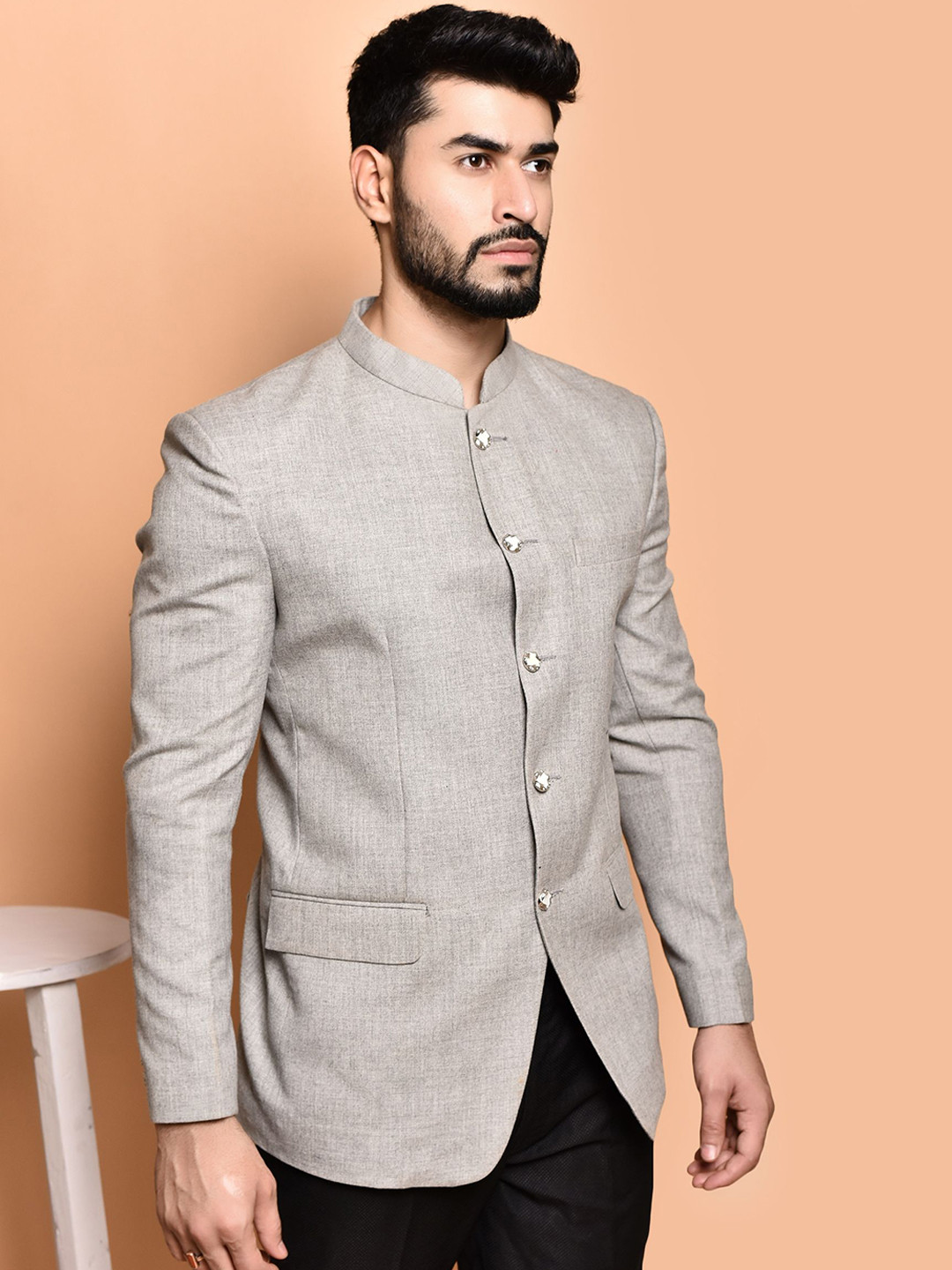 

PRINTCULTR Mandarin Collar Bandhgala Casual Blazer, Grey