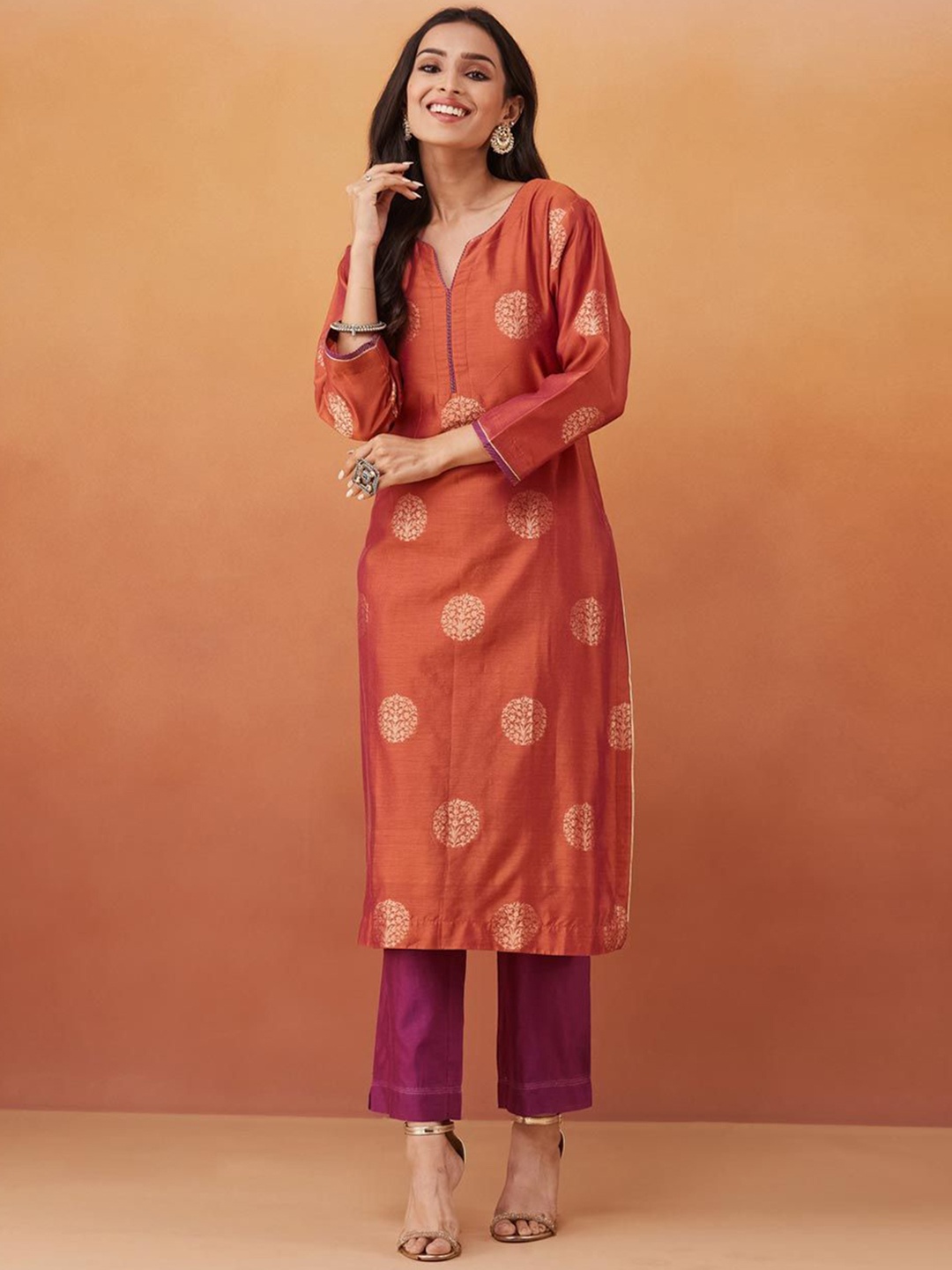 

Fabindia Ethnic Motifs Woven Design Cotton Silk Straight Kurta with Pyjamas, Rust