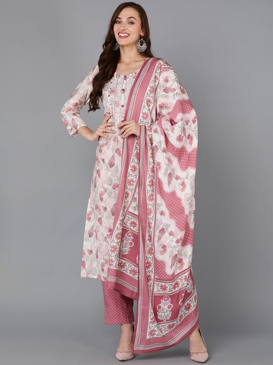 

AHIKA Floral Printed Regular Thread Work Straight Kurta with Trousers & Dupatta, Off white