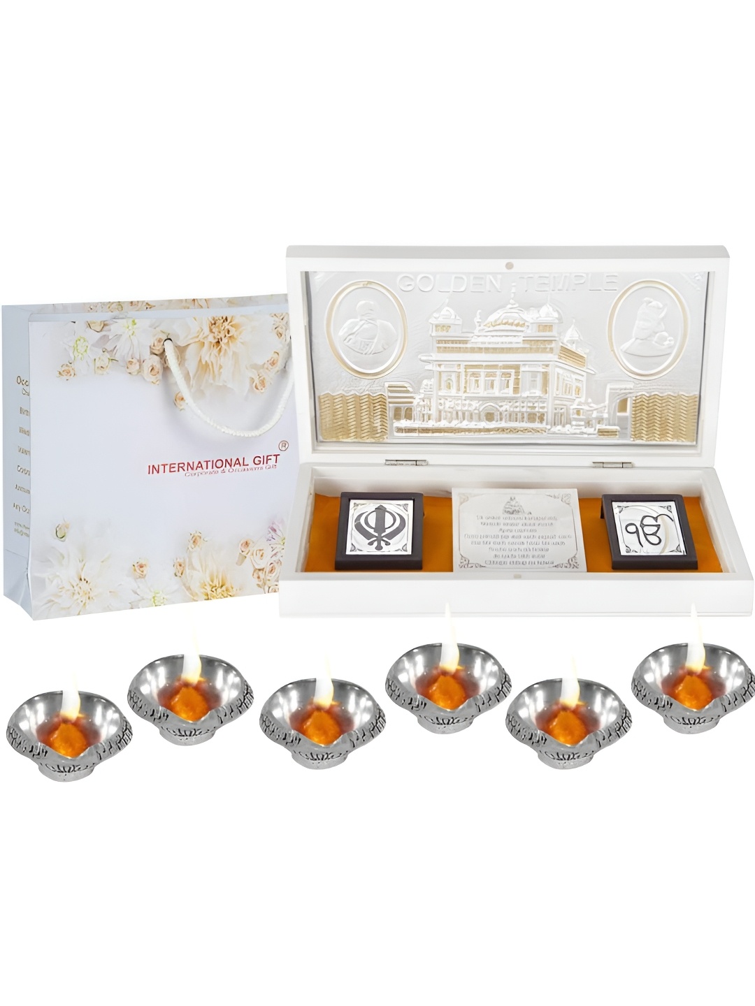 

INTERNATIONAL GIFT Silver-Toned Metal Religious Golden Temple Message Box with 6 Diya