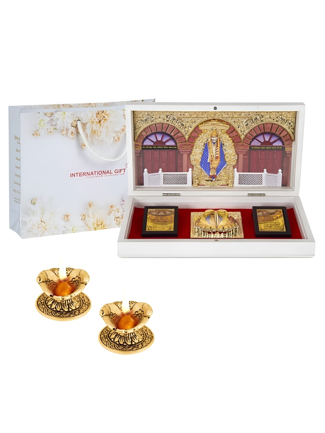 

INTERNATIONAL GIFT Gold-Toned Religious Sai Baba Charan Paduka Showpiece with 2 Diya