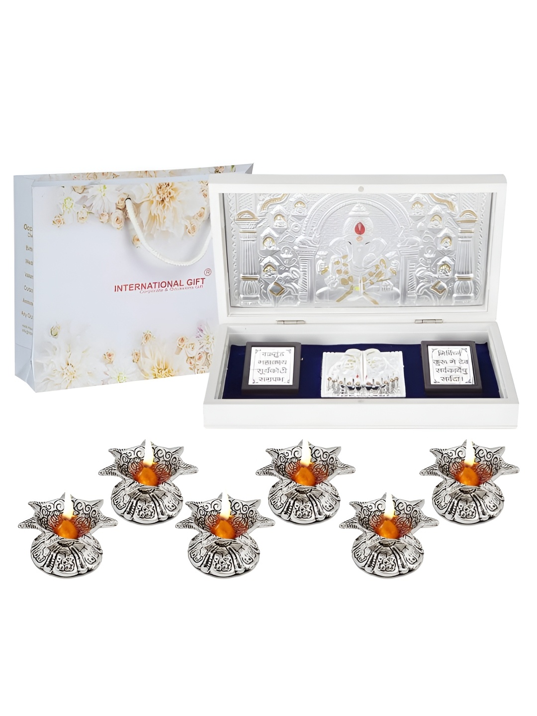 

INTERNATIONAL GIFT Silver-Toned Lord Ganesh Charan Paduka Box with 6 Jyot Diya