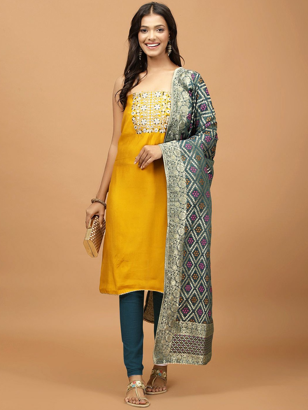 

Meena Bazaar Floral Embroidered Sequinned Unstitched Dress Material, Yellow