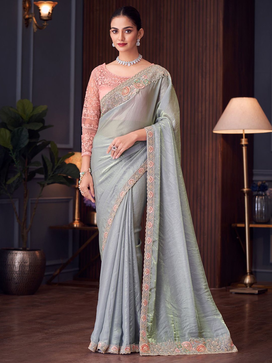 

Mitera Embroidered Satin Designer Saree, Grey