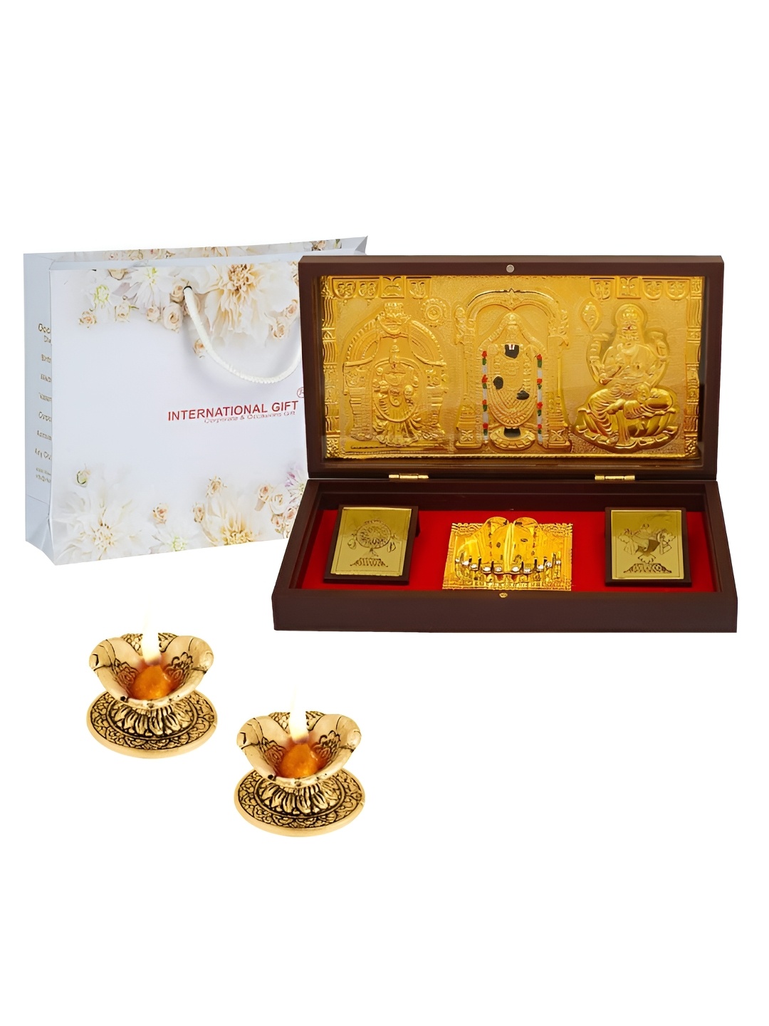 

INTERNATIONAL GIFT Gold-Toned Religious Bala Ji Charan Paduka Showpiece with 2 Diya