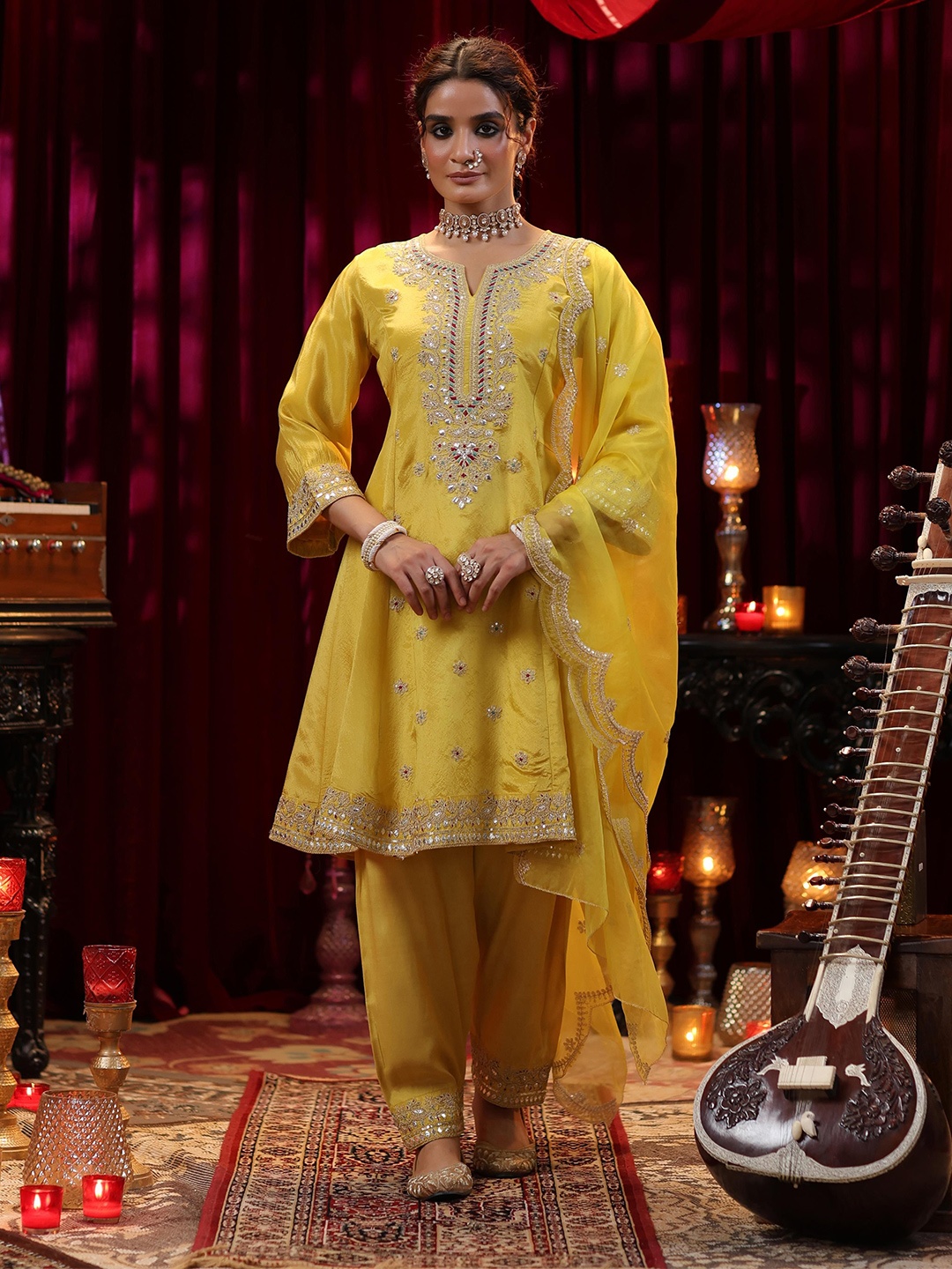 

SCAKHI Floral Embroidered Sequinned Dori Work Organza Anarkali Kurta with Salwar & Dupatta, Lime green