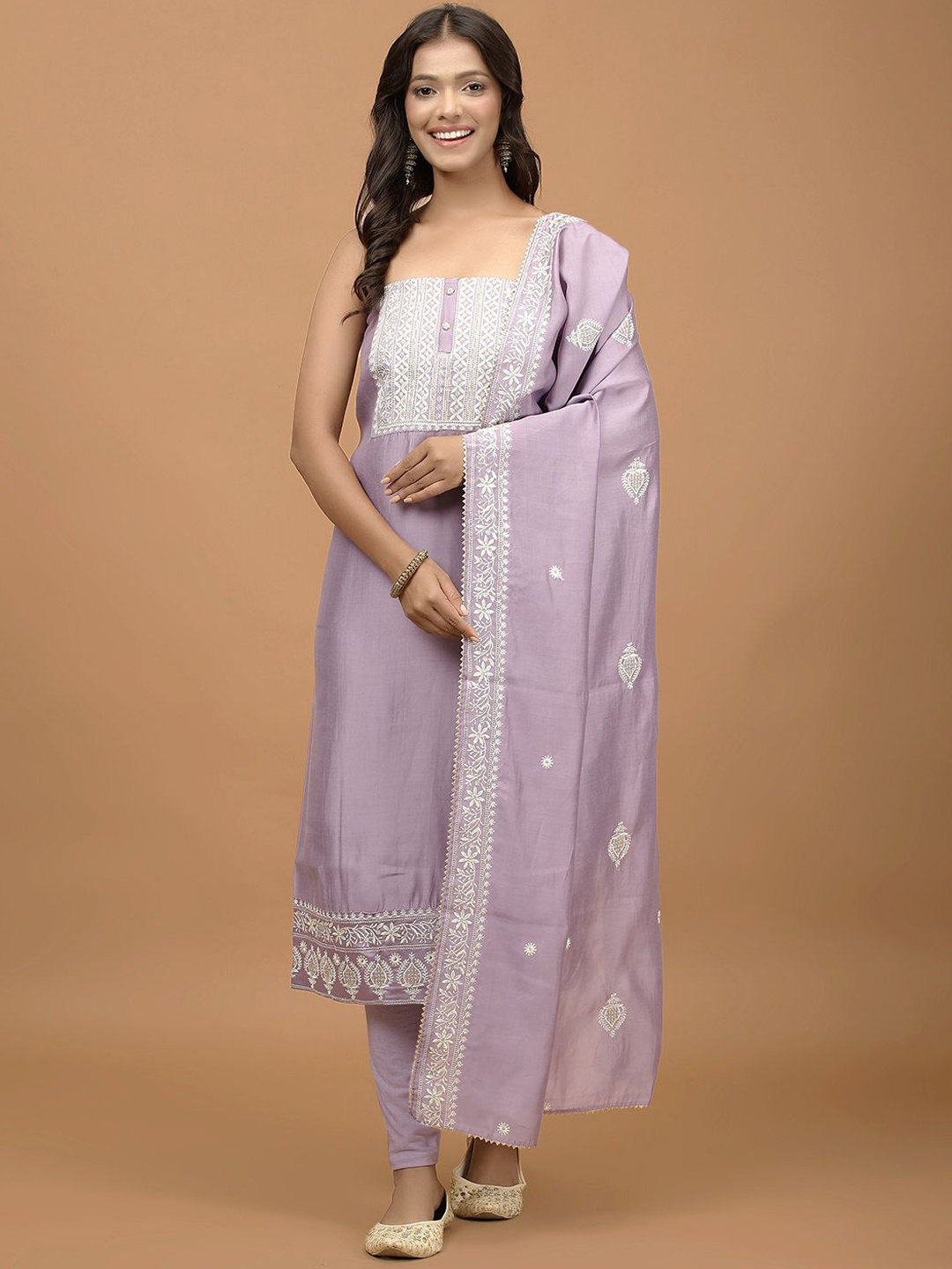 

Meena Bazaar Floral Embroidered Art Silk Unstitched Dress Material, Purple