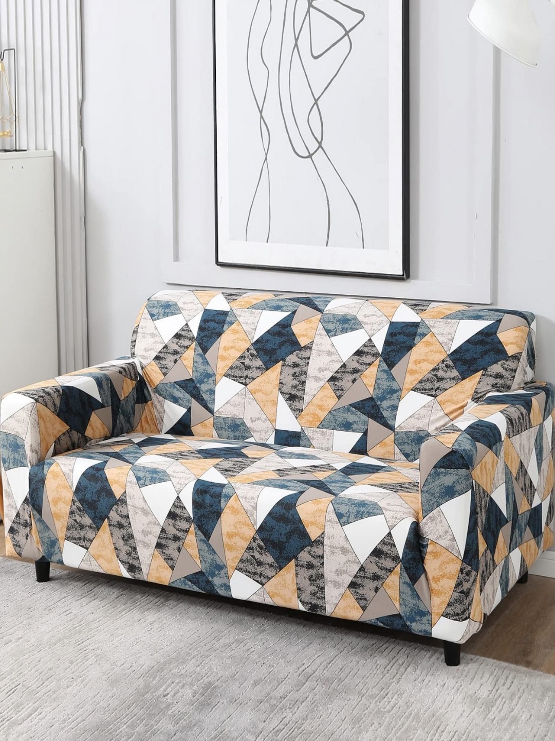 

B BESTILO Prism Brown & Grey Geometric Printed Triple Seater Sofa Cover With Arms