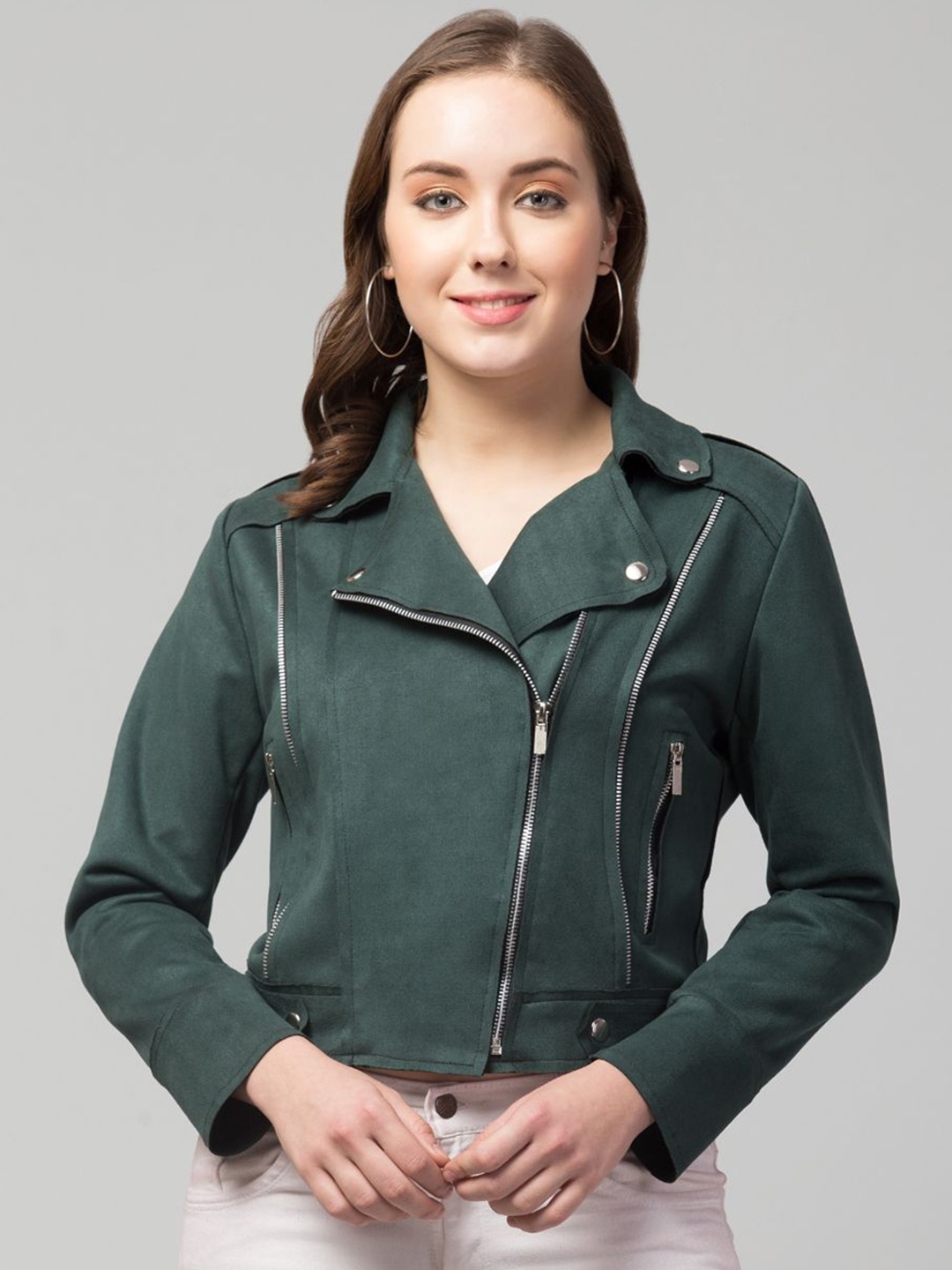 

GalaxyTrendz Women Suede Windcheater Crop Tailored Jacket, Green