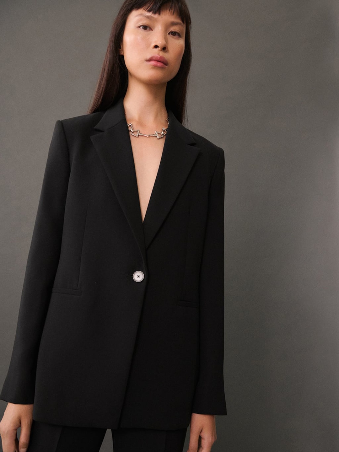 

MANGO Notched Lapel Longline Formal Blazer, Black