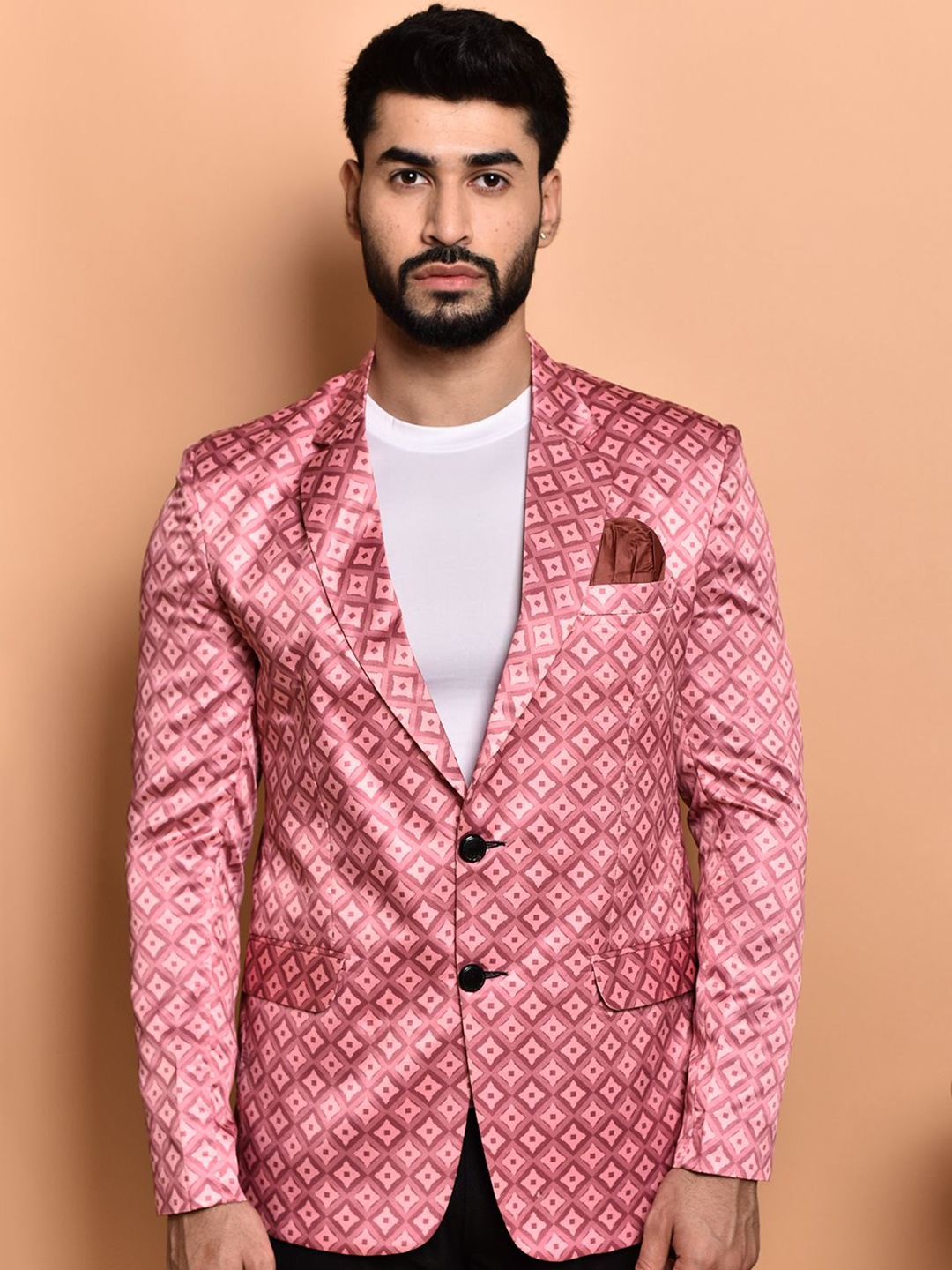 

PRINTCULTR Geometric Printed Notched Lapel Single-Breasted Casual Blazer, Pink