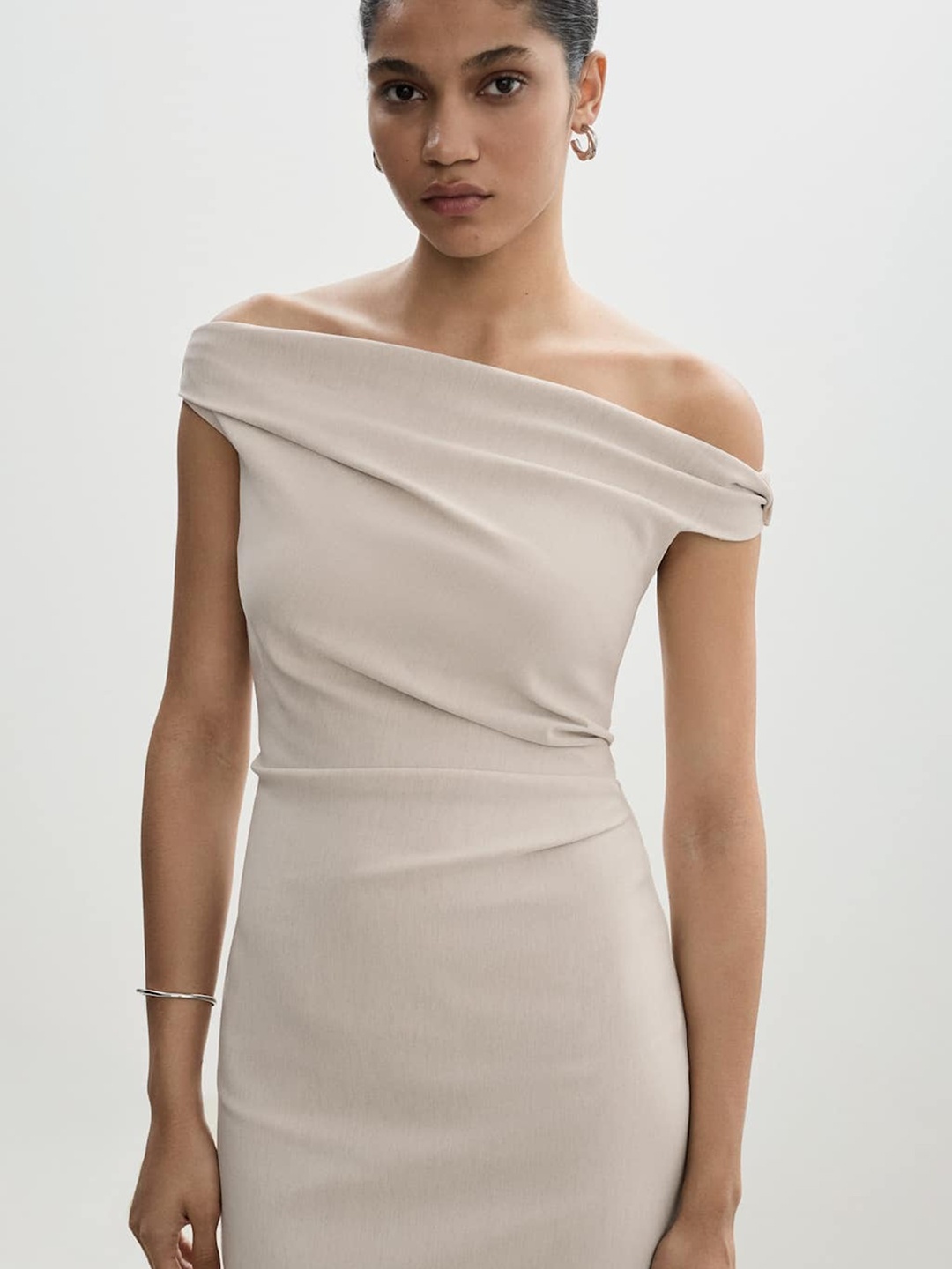 

MANGO Off-Shoulder Bodycon Mini Dress, Beige