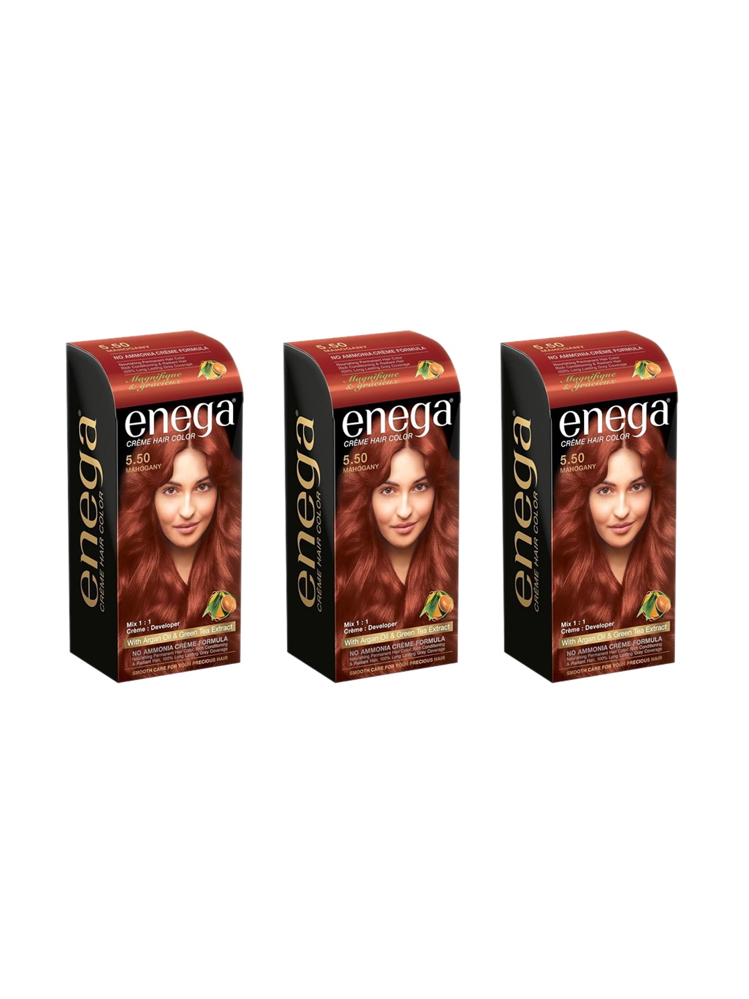 

Enega Set Of 3 Long Lasting Creme Hair Color-150 ml Each Shade-Mahogany, Red