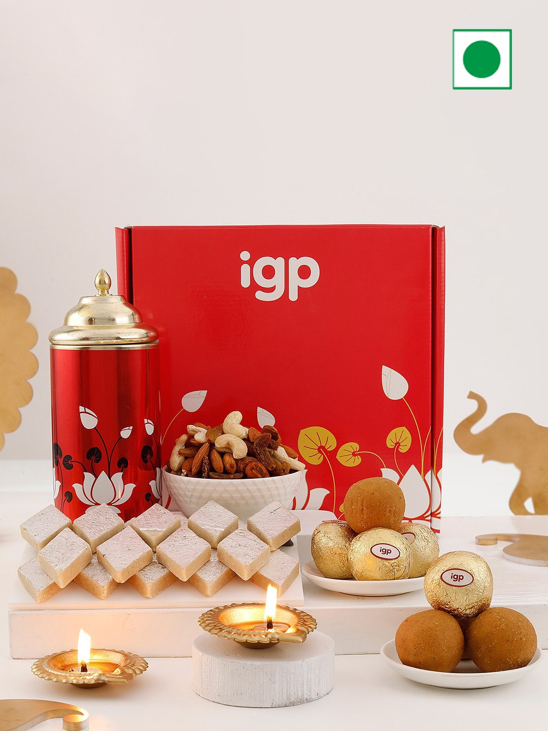 

IGP Set Of 5 Mixed Dry Fruit Sweets Diyas & Canister Gift Set, Red