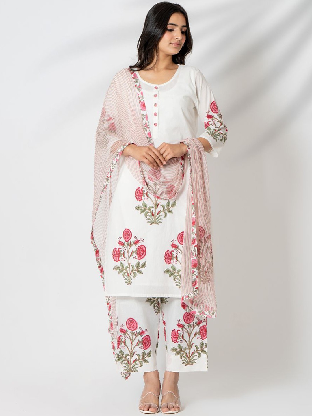 

Kameez by Pooja Kejriwal Floral Printed Pure Cotton Straight Kurta with Trouser & Dupatta, White