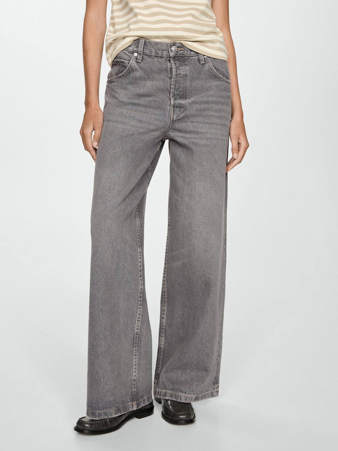 

MANGO Women Pure Cotton Wide Leg Light Fade Jeans, Grey