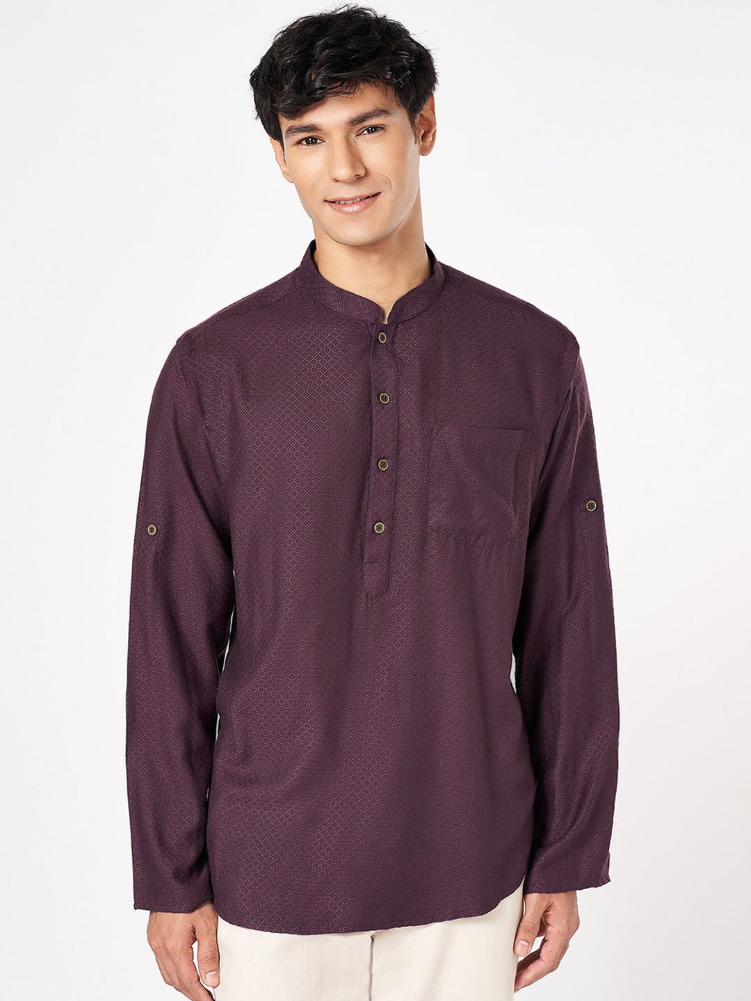 

indus route by Pantaloons Mandarin Collar Woven Design Straight Kurta, Purple