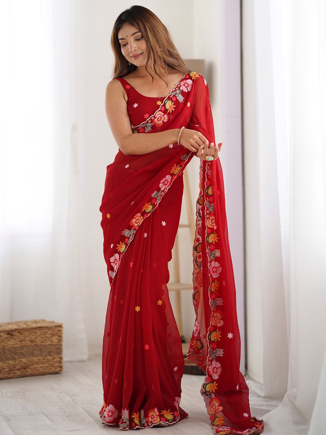 

Anouk Floral Embroidered Poly Georgette Saree, Red
