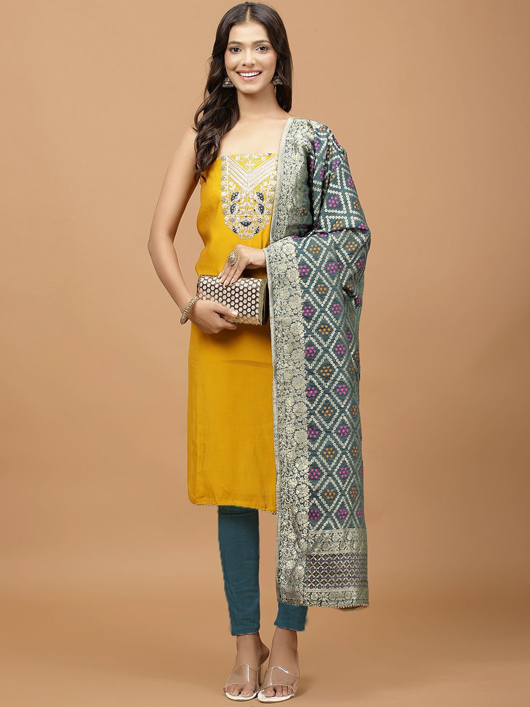 

Meena Bazaar Floral Embroidered Sequinned Unstitched Dress Material, Yellow