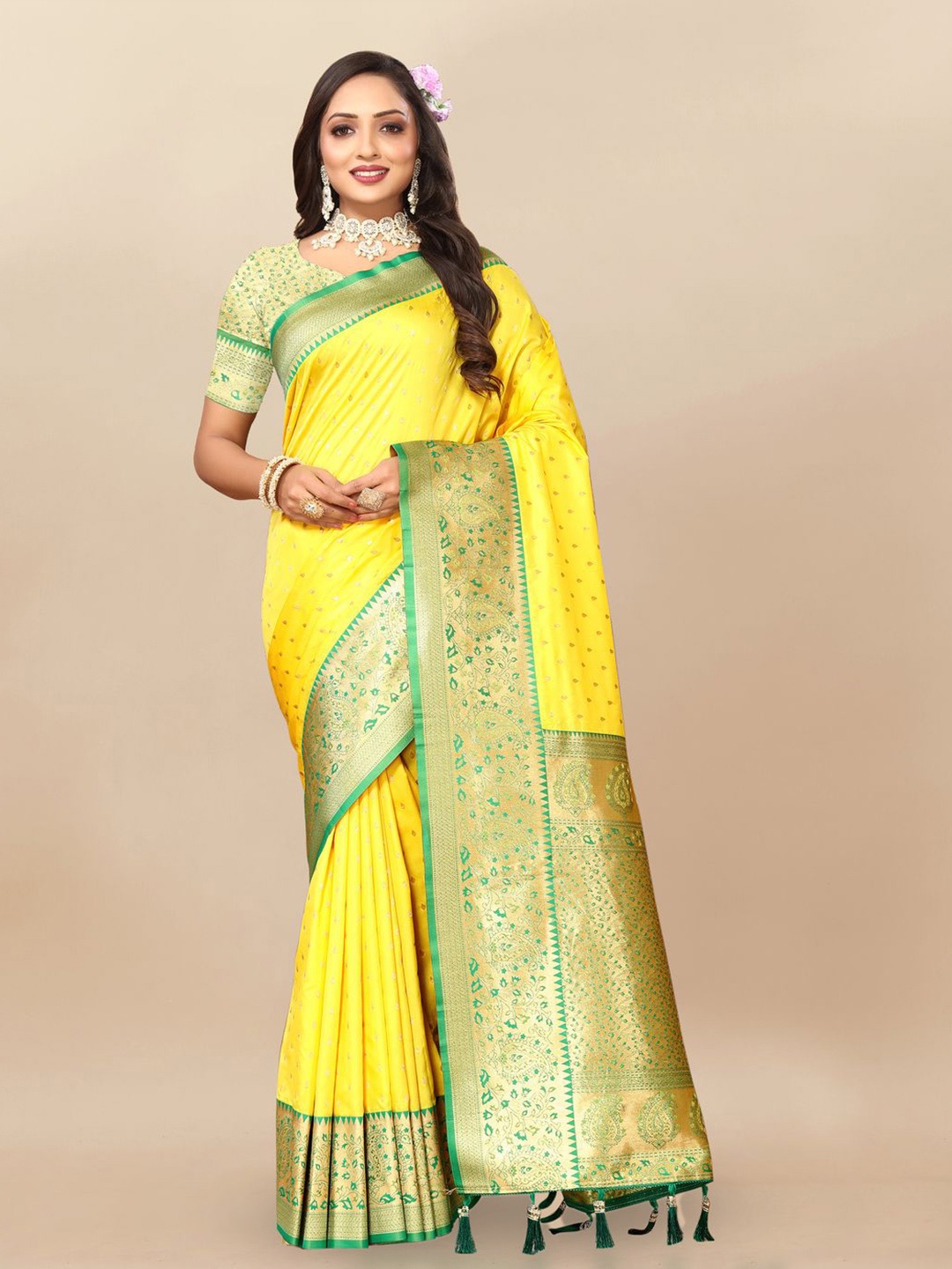 

MOKSHA DESIGNS Ethnic Motifs Woven Design Zari Pure Silk Banarasi Saree, Yellow
