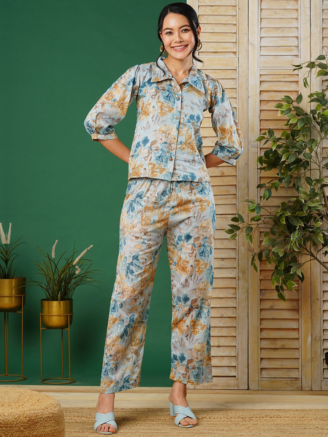 

CARTYSHOP Floral Printed Shirt & Trousers, Blue