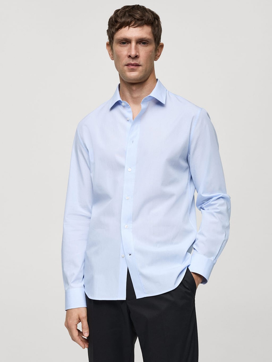 

MANGO MAN Pinstripes Printed Pure Cotton Semiformal Shirt, Blue