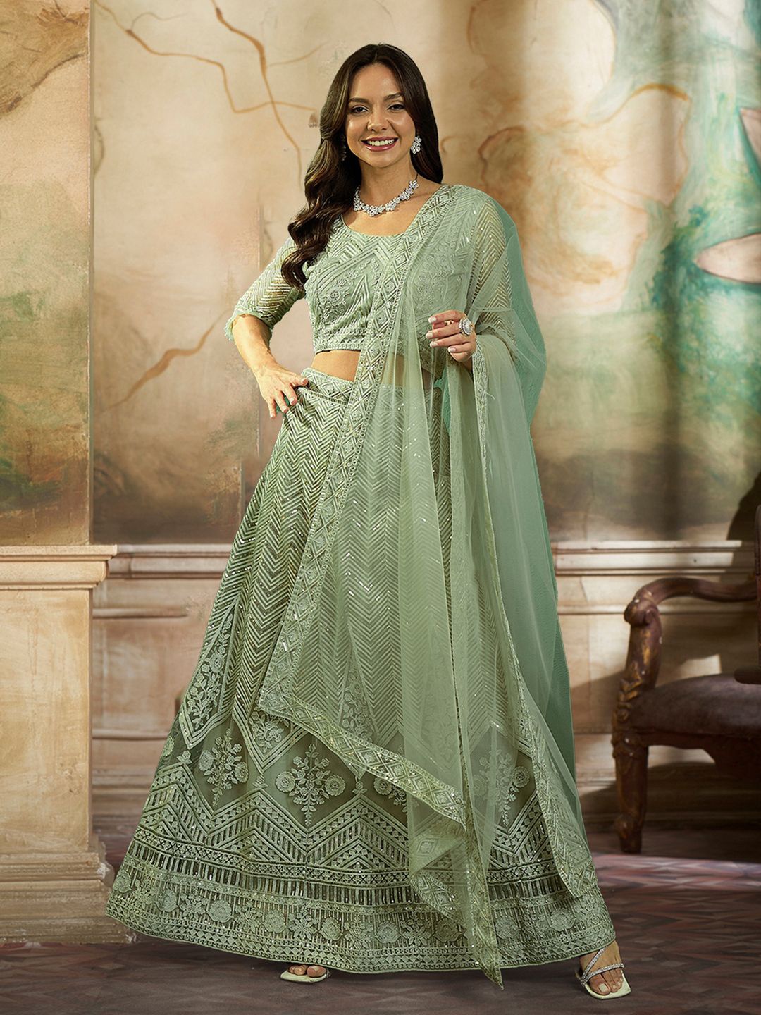 

Kvsfab Embroidered Sequinned Semi-Stitched Lehenga & Unstitched Blouse With Dupatta, Green