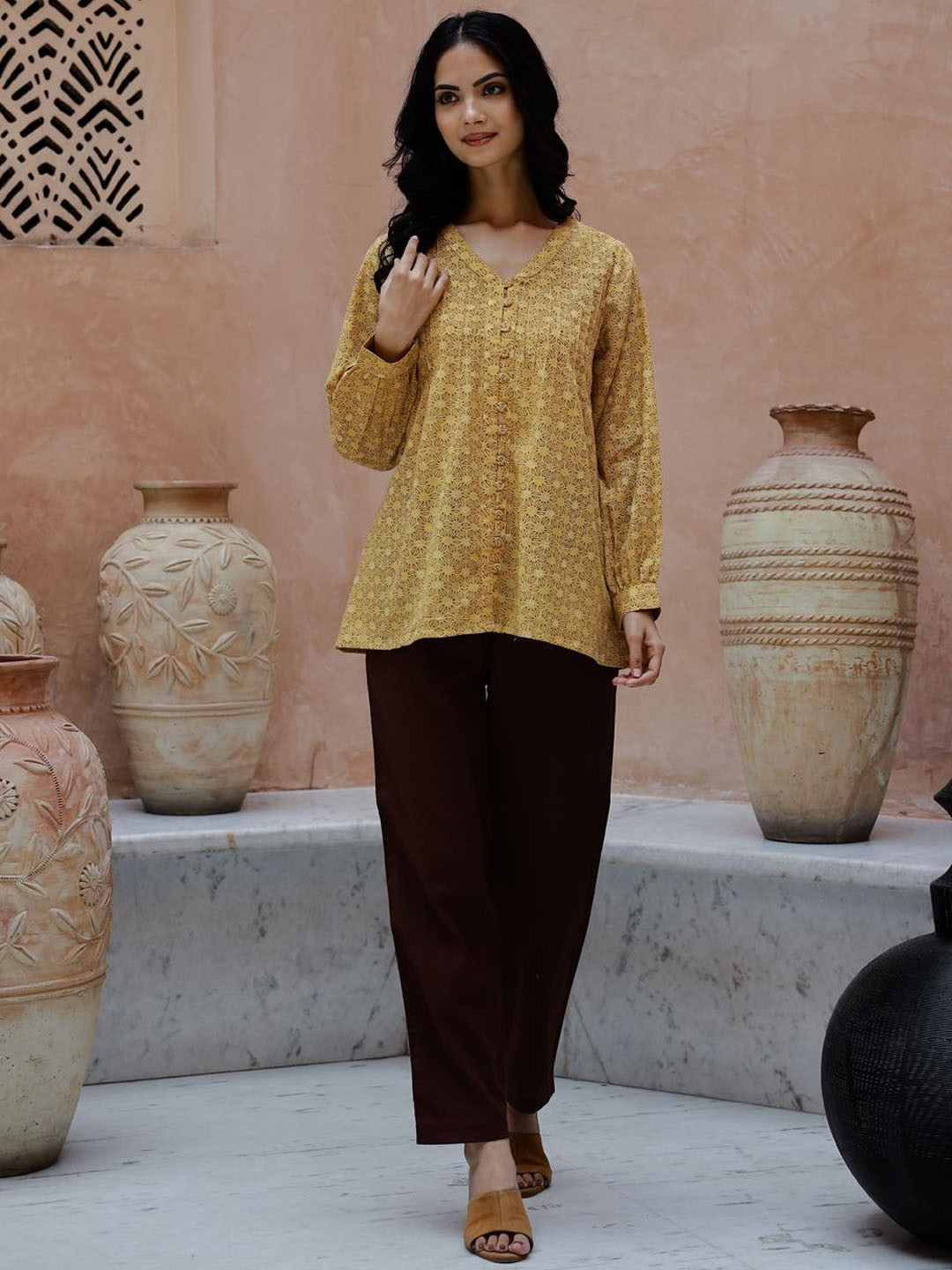 

RangDeep Floral Printed V Neck Top With Trousers, Yellow