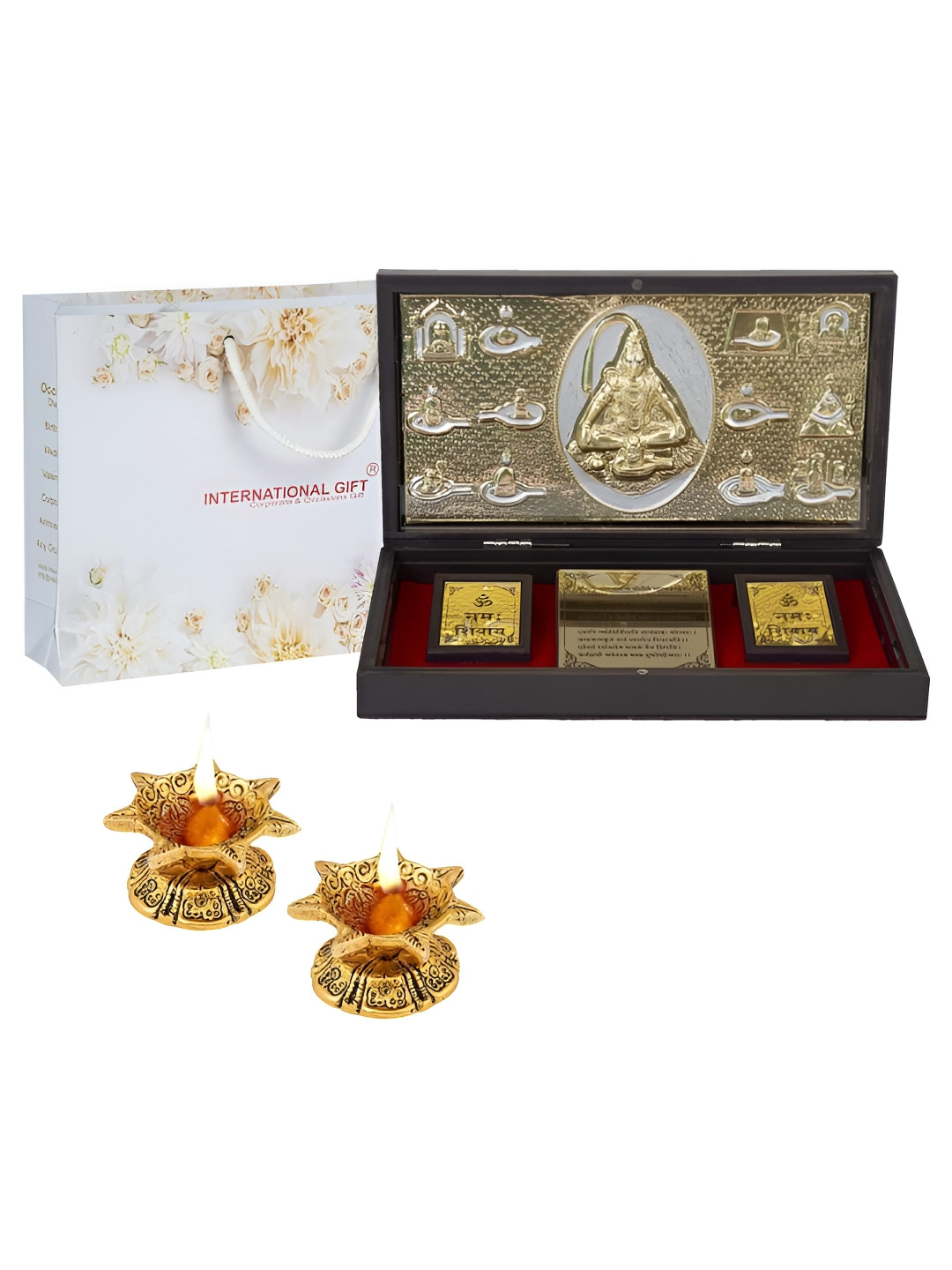 

INTERNATIONAL GIFT Gold-Toned Religious Lord Shiv Charan Paduka Showpiece with 2 Diya